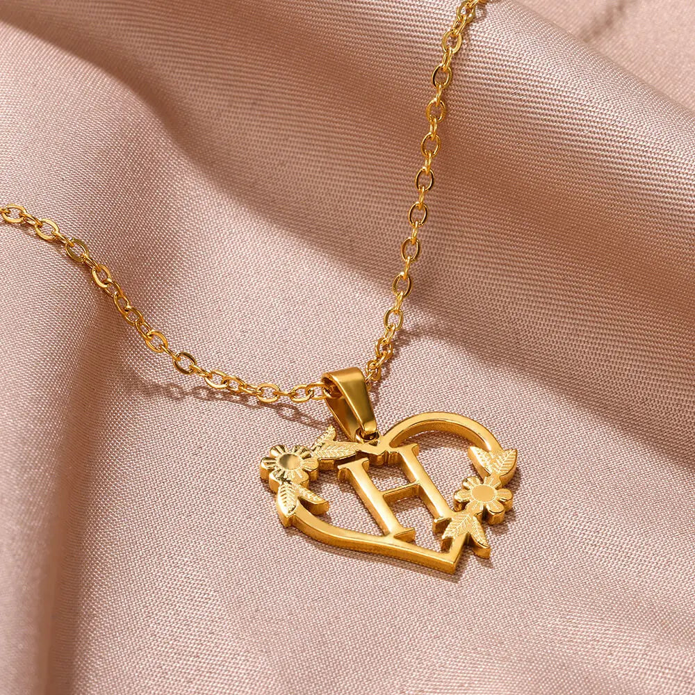 Gold Color Dainty Flower Initials Necklace Women Girl Stainless Steel Heart Letter Choker Necklace Best Gifts Alphabet Jewelry
