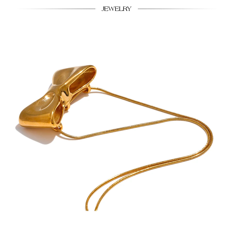 Yhpup Adjustable Long Chain Stainless Steel Metal Bow Knot Golden Trendy Pendant Choker Necklace Texture Fashion  Jewelry
