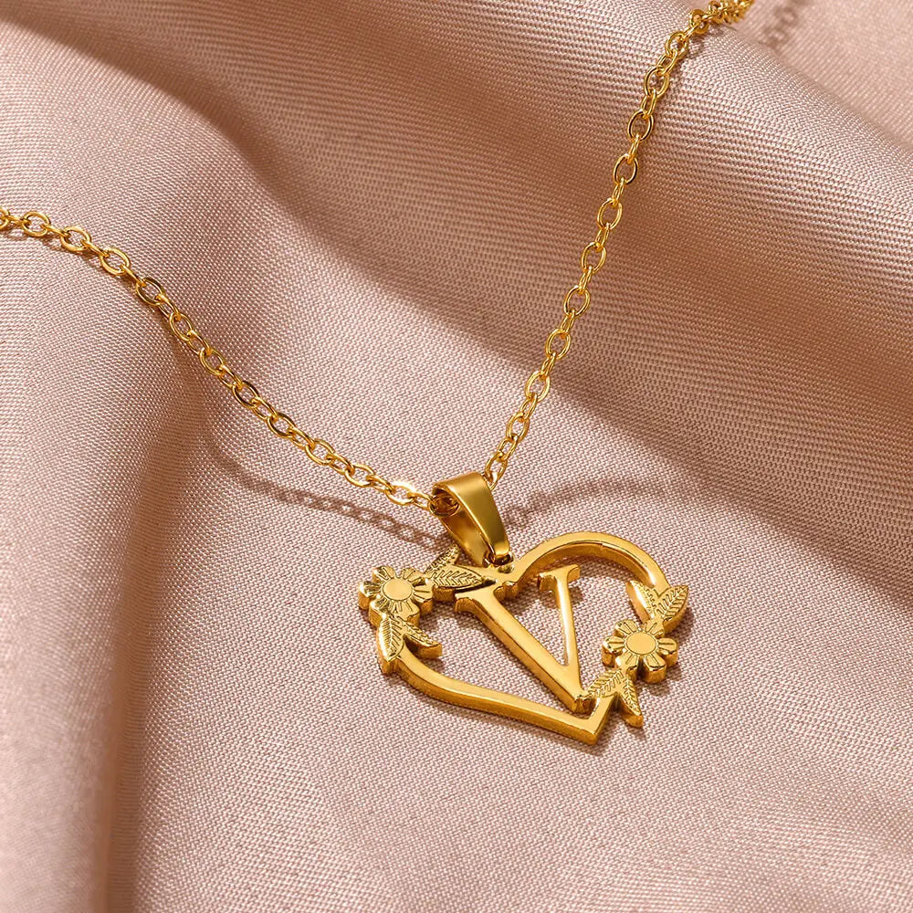 Gold Color Dainty Flower Initials Necklace Women Girl Stainless Steel Heart Letter Choker Necklace Best Gifts Alphabet Jewelry