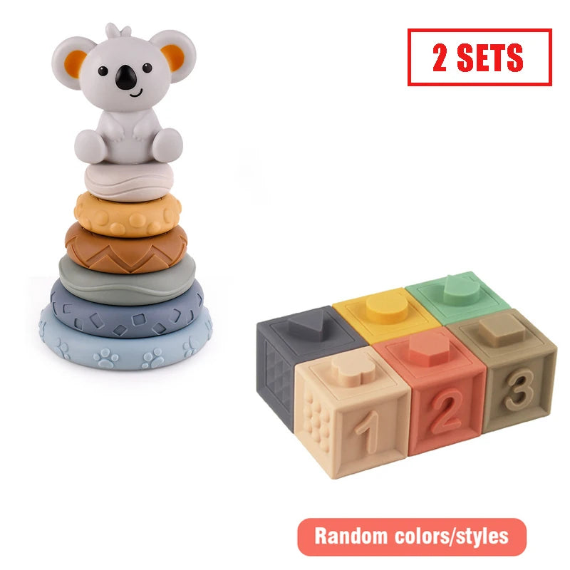 Block Toy Soft Silicone Soft Cubes Stacking Tower Bath Teether Rattles Building Blocks Montessori Educational Toys Newborn Gift