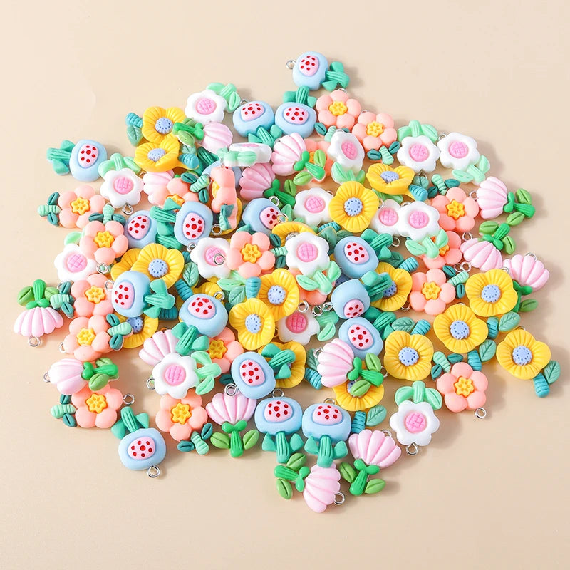 15pcs New Mix Kawaii Summer Vacation Pink Flower Heart Butterfly Ice Cream Star Resin Earrings Charms Diy Jewelry Making Pendant