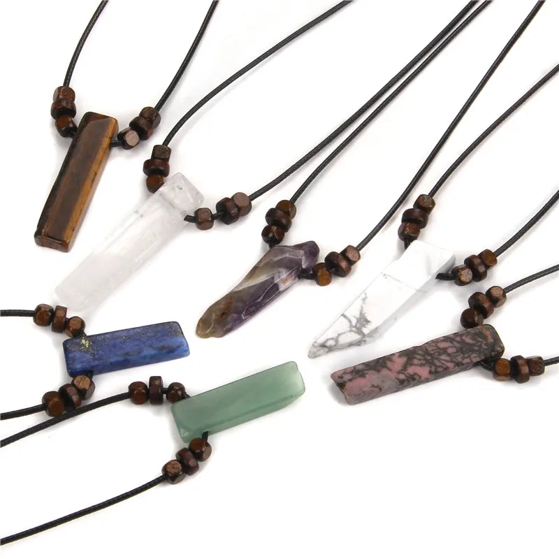 Men Vintage Rectangle Obsidian Pendent Necklace Natural Tiger Eye Labradorite Gem Leather Rope Braid Necklace Healing Jewelry