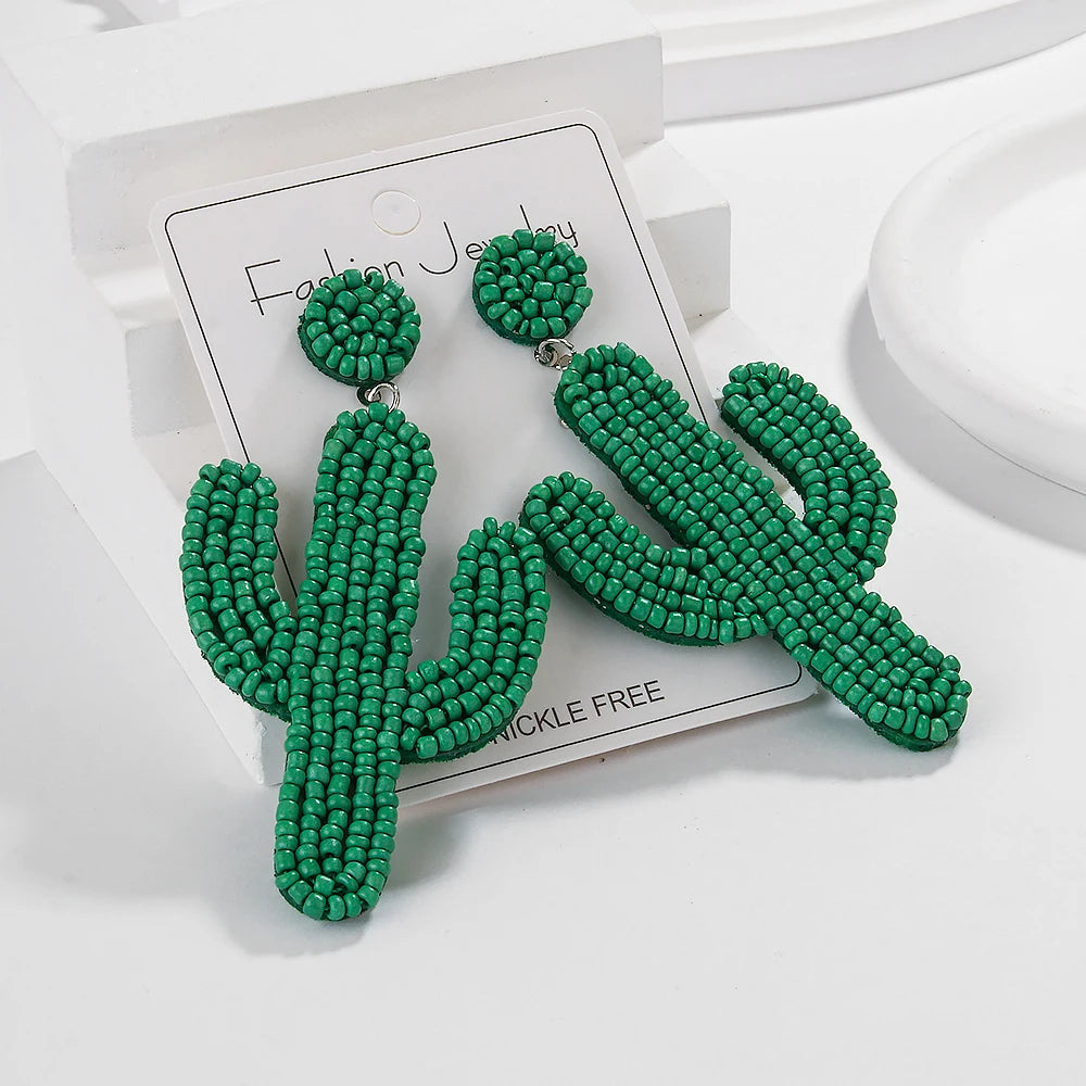 Cactus Beaded Earrings for Women Boho Colorful Beaded Earrings Statement Big Drop Dangle Earrings Summer Beachy Tropical Holiday