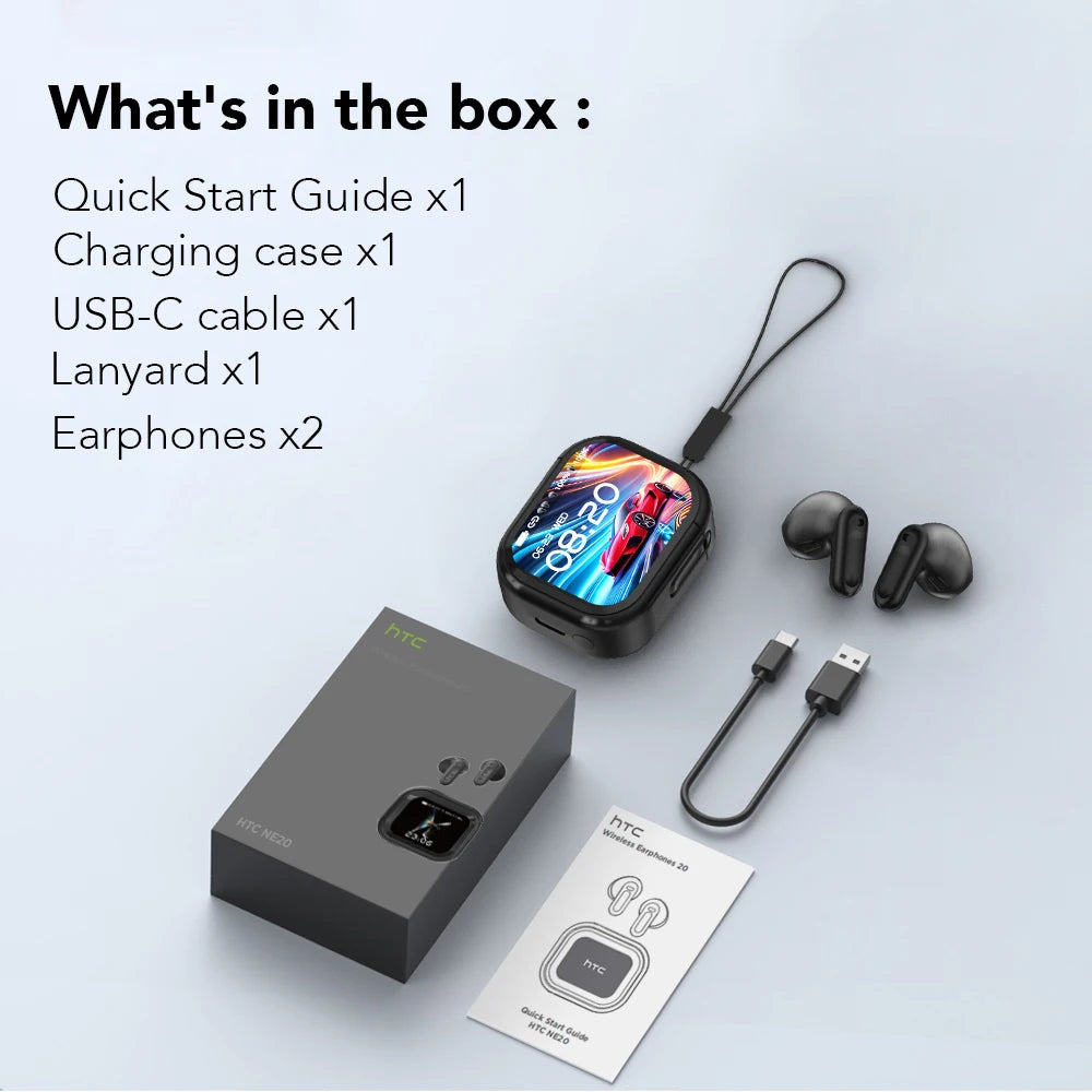 HTC NE20 Bluetooth 6.0 Earbuds with AI Translator – OWS Wireless Sport Headphones, LCD Touch Screen, HD Stereo Sound, Long Battery Life
