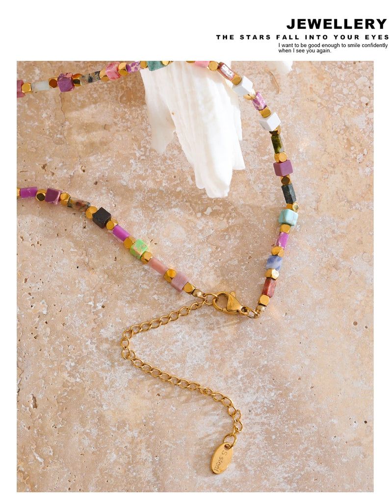 Yhpup Fashion Colorful Natural Stone Beads Chain Y2K Collar Necklace Tarnish Resistant High Quality Handmade Charm Jewelry Gift