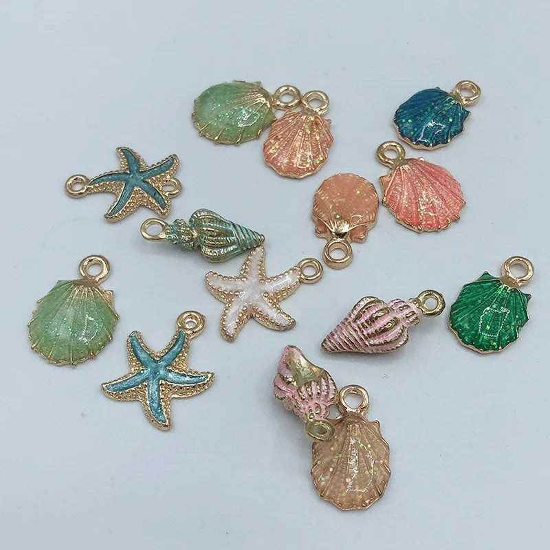 13pcs Summer Beach Starfish & Shell Charms – Colorful Copper Pendants for DIY Jewelry Making (Bracelets, Necklaces, Earrings)