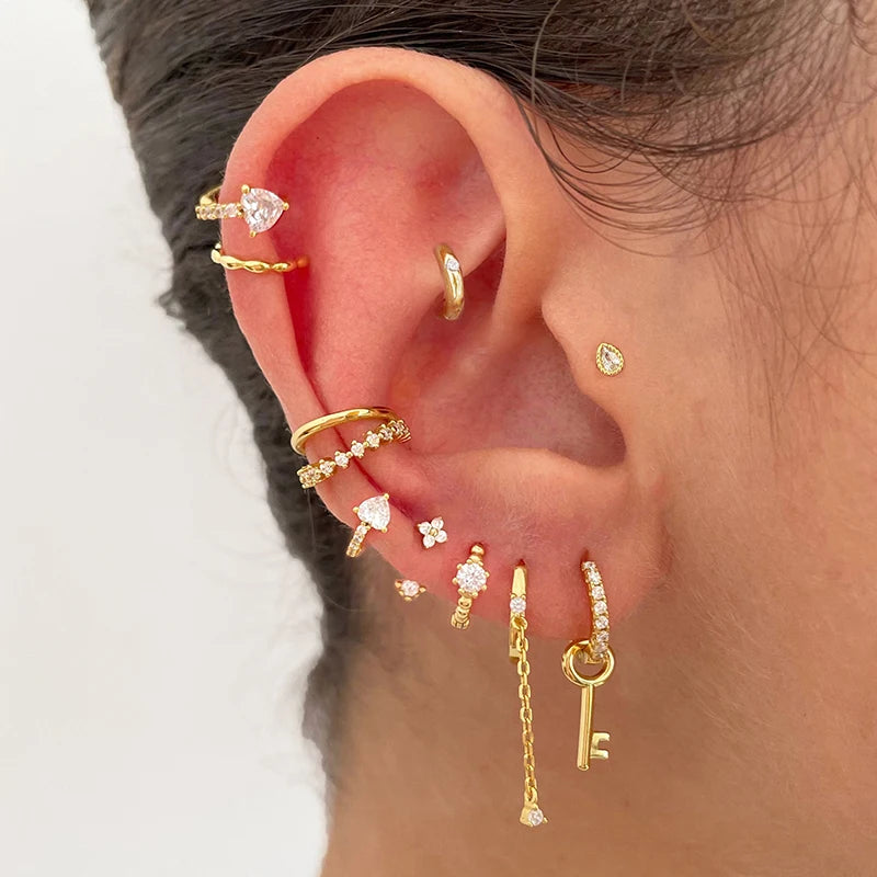 925 Sterling Silver Ear Needle key Pendant Hoop Earrings Gold Earrings For women Lock Pierced Earrings Fashion Party Jewelry