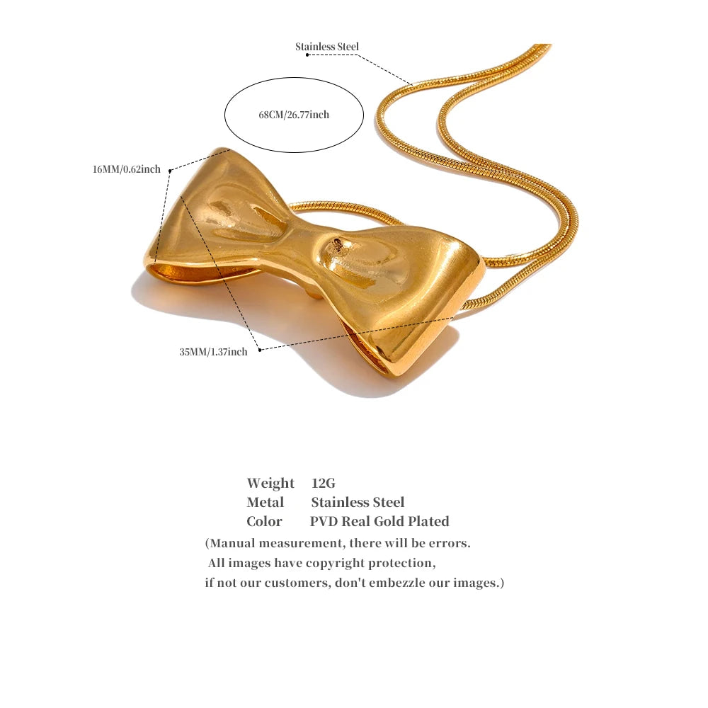 Yhpup Adjustable Long Chain Stainless Steel Metal Bow Knot Golden Trendy Pendant Choker Necklace Texture Fashion  Jewelry