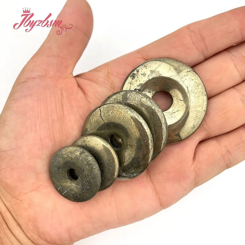 Natural Pyrite Donut Circle Round Silvers Gray Beads Stone For Necklace Pandant Earring Jewelry Making 1 Pcs 25/35/40mm