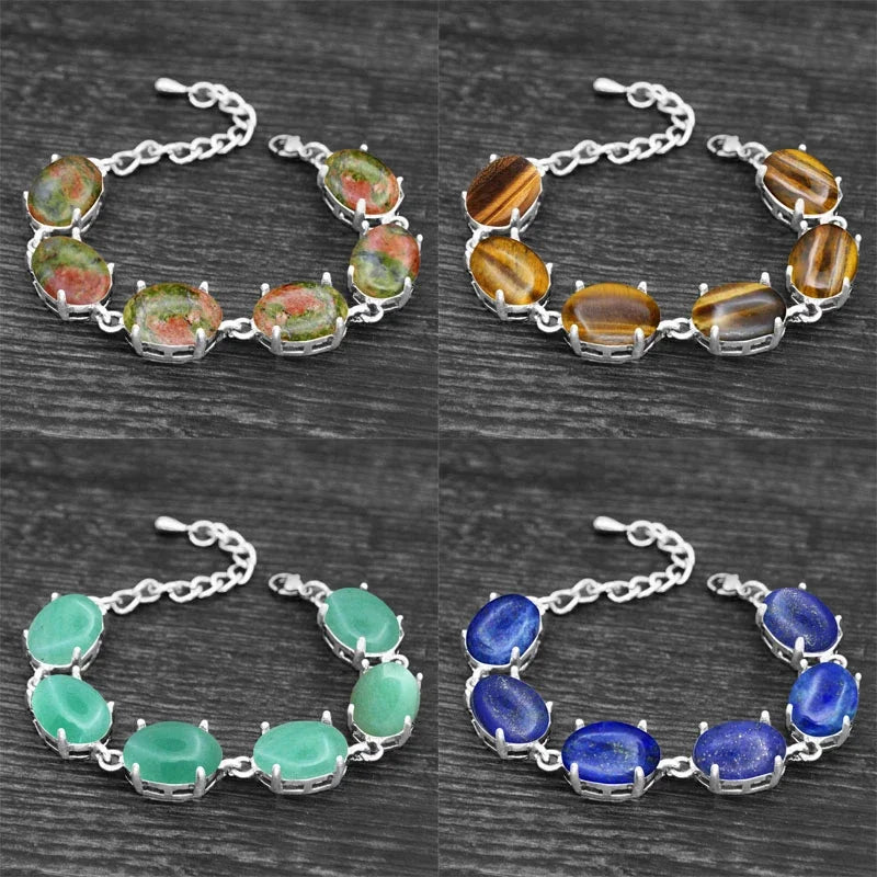 Vintage Oval Natural Jades Quartz Bracelet For Women Prong Natural Stone Amethysts Tiger Eye Lapis Lazuli Bracelets