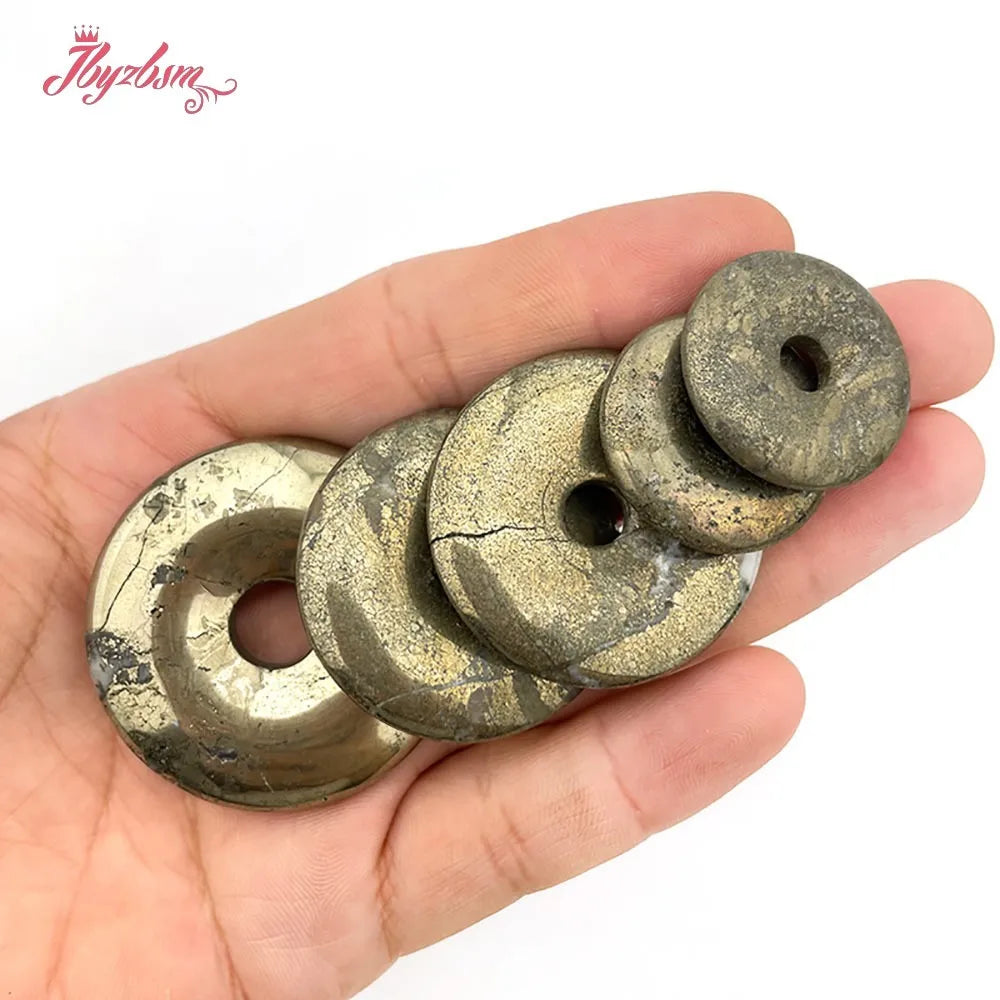 Natural Pyrite Donut Circle Round Silvers Gray Beads Stone For Necklace Pandant Earring Jewelry Making 1 Pcs 25/35/40mm
