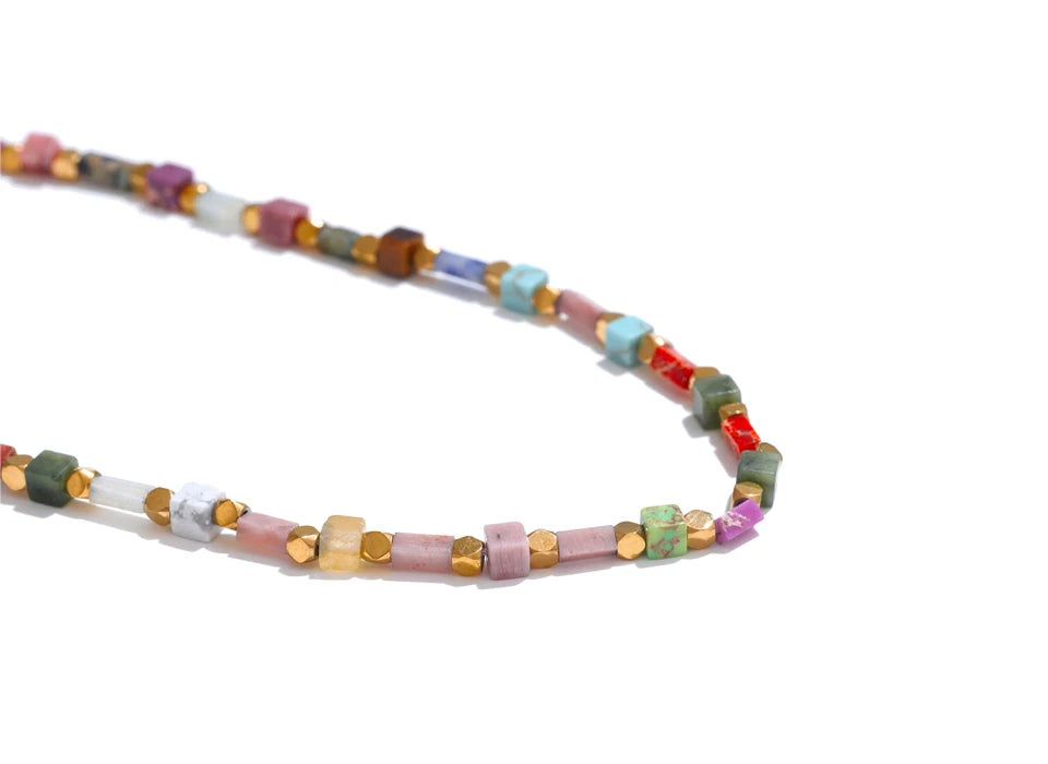 Yhpup Fashion Colorful Natural Stone Beads Chain Y2K Collar Necklace Tarnish Resistant High Quality Handmade Charm Jewelry Gift