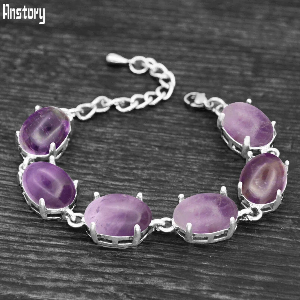 Vintage Oval Natural Jades Quartz Bracelet For Women Prong Natural Stone Amethysts Tiger Eye Lapis Lazuli Bracelets
