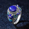 vintage Palace Style Cloisonne enamel Inlaid Lapis lazuli Ring Classical Exquisite Flower blue Ring Wedding 925 Silver Jewelry
