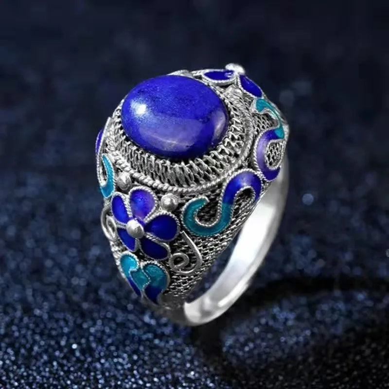 vintage Palace Style Cloisonne enamel Inlaid Lapis lazuli Ring Classical Exquisite Flower blue Ring Wedding 925 Silver Jewelry