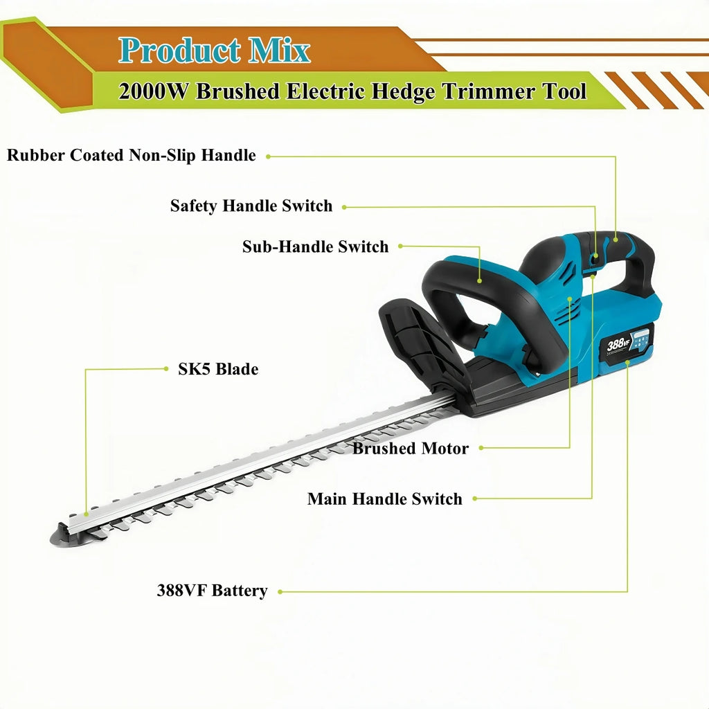 Brushed 2000W Electric Hedge Trimmer 15000RPM Lawn Mower Garden Landscaping Hedge Pruner Trimmer Tool For Makita 18V Battery Pin