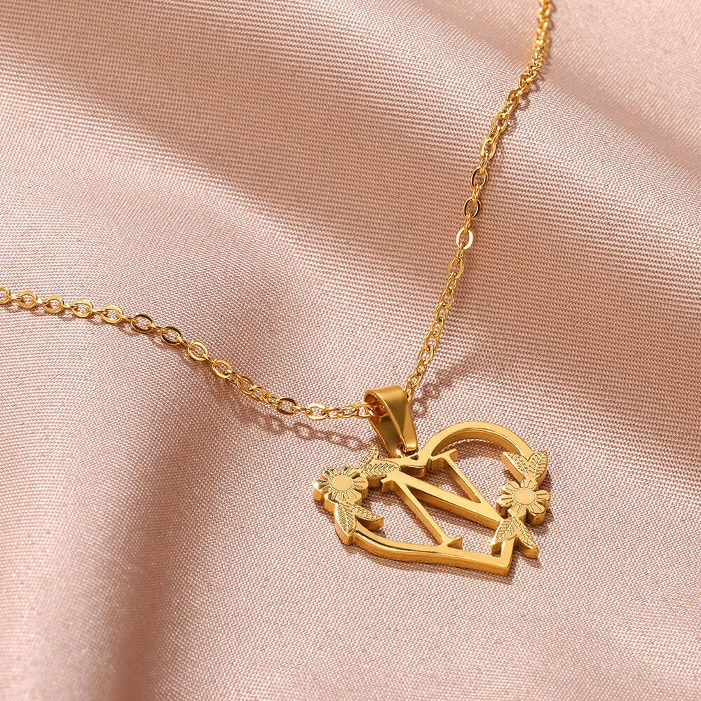 Gold Color Dainty Flower Initials Necklace Women Girl Stainless Steel Heart Letter Choker Necklace Best Gifts Alphabet Jewelry