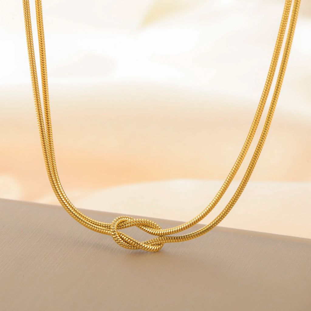 Skyrim Double Snake Chain Love Knot Necklace Women Stainless Steel Gold Color Minimalist Clavicle Chain Choker Jewelry Gift