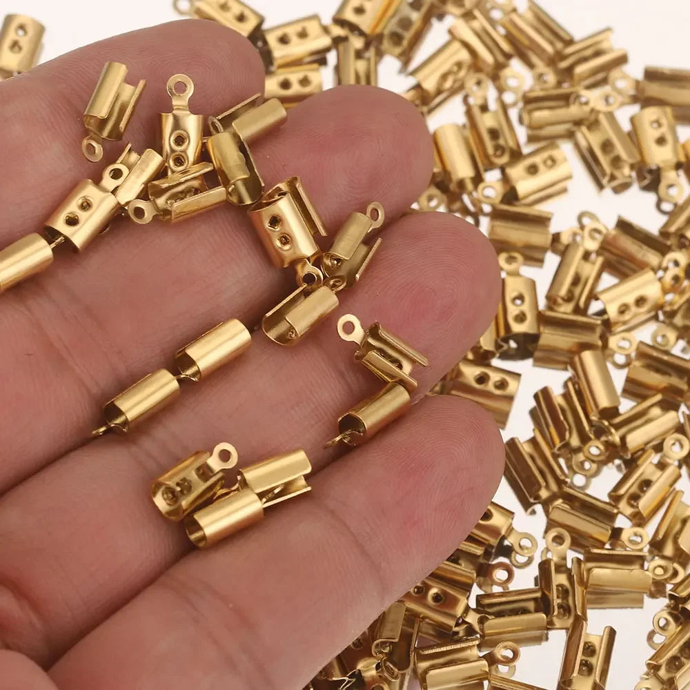 50pcs Stainless Crimp End Beads Caps Leather Cord Clip Tip Fold Crimp Bead Bracelet Connectors for Jewelry Making Bulk Wholesale
