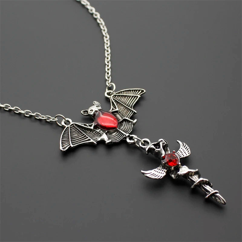 Brand New Halloween Retro Bat Red Drop Oil Cross Charm Alloy Ladies Necklace Punk Gothic Fashion Jewelry Gift 2022