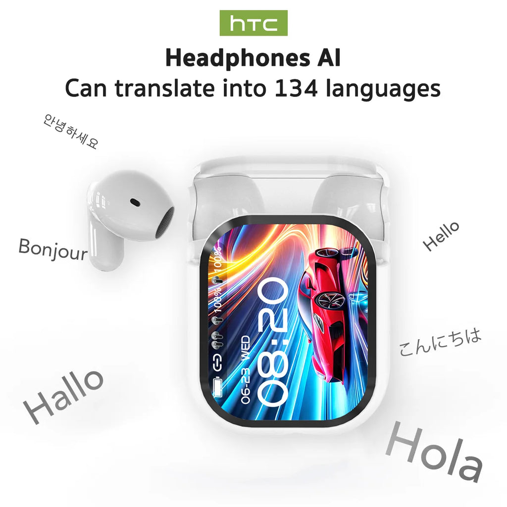 HTC NE20 Bluetooth 6.0 Earbuds with AI Translator – OWS Wireless Sport Headphones, LCD Touch Screen, HD Stereo Sound, Long Battery Life