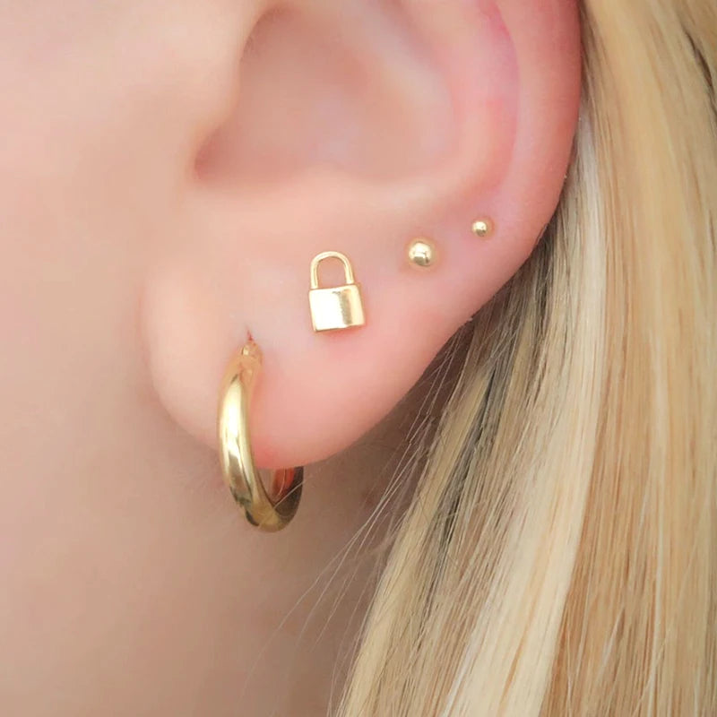 925 Sterling Silver Ear Needle key Pendant Hoop Earrings Gold Earrings For women Lock Pierced Earrings Fashion Party Jewelry