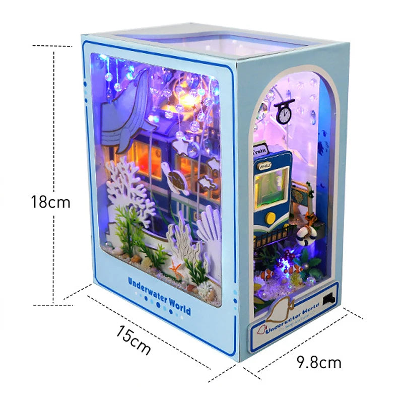 Bookshelf Set DIY Book Nook Kit Wooden Doll House Bookshelf Insert Decor With Warm Light 3D Puzzle Assembly Building Model Gifts