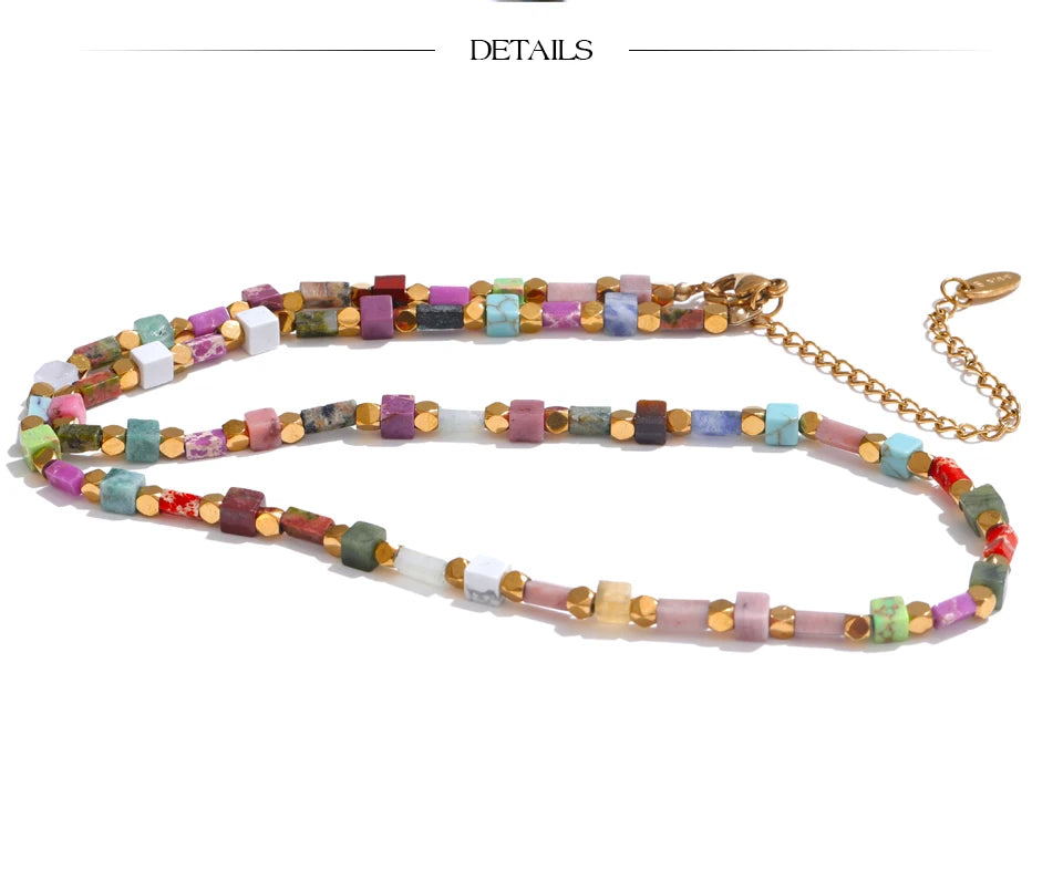 Yhpup Fashion Colorful Natural Stone Beads Chain Y2K Collar Necklace Tarnish Resistant High Quality Handmade Charm Jewelry Gift