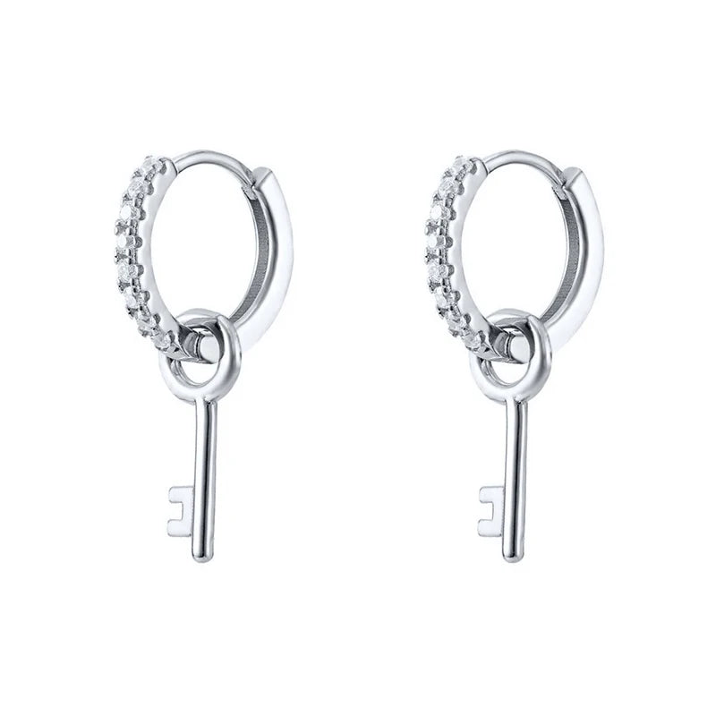 925 Sterling Silver Ear Needle key Pendant Hoop Earrings Gold Earrings For women Lock Pierced Earrings Fashion Party Jewelry
