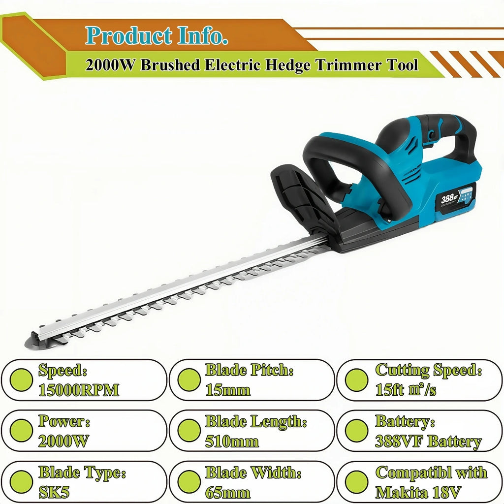 Brushed 2000W Electric Hedge Trimmer 15000RPM Lawn Mower Garden Landscaping Hedge Pruner Trimmer Tool For Makita 18V Battery Pin