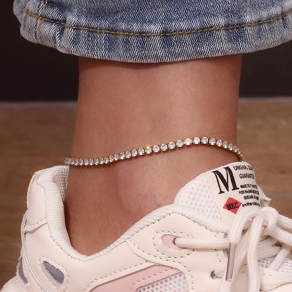 Blingbing Trendy 3mm 3A Zircon Cubic Zirconia Tennis Chain Anklets Leg Bracelets For Woman Stainless Steel Bracelet On the Leg