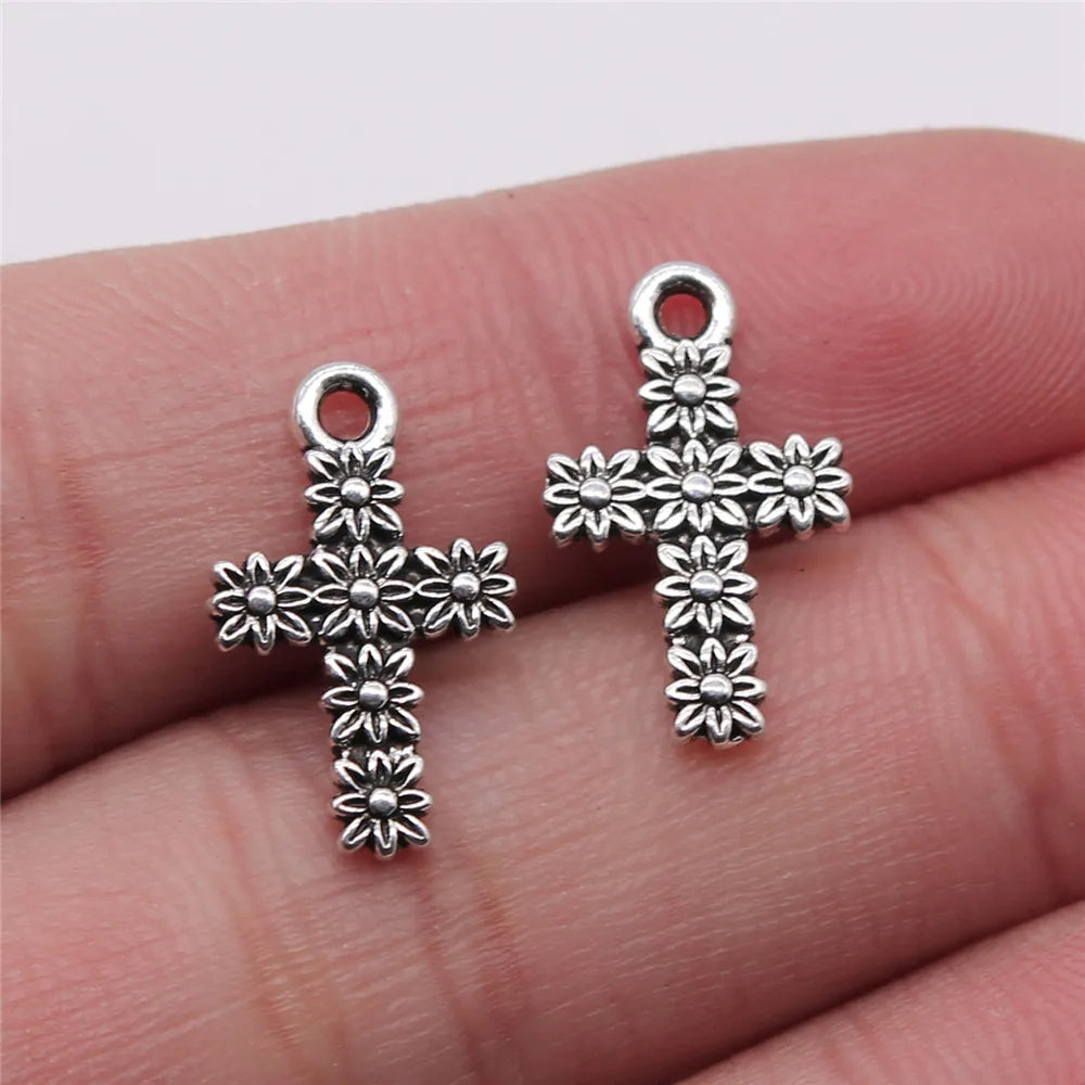20pcs Charms Hollow Lovely Cross Antique Bronze Silver Color Pendants DIY Crafts Making Findings Handmade Tibetan Jewelry