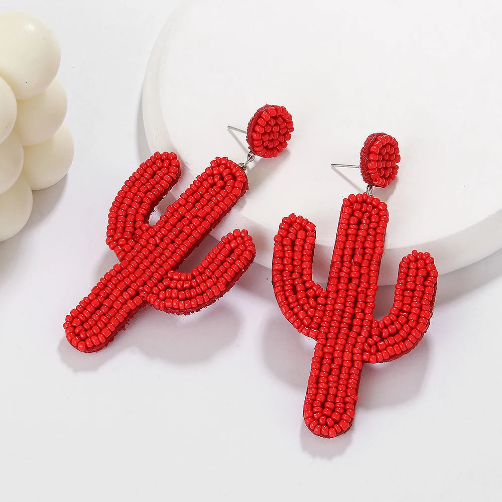 Cactus Beaded Earrings for Women Boho Colorful Beaded Earrings Statement Big Drop Dangle Earrings Summer Beachy Tropical Holiday