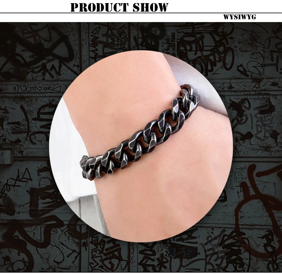 New Men's Vintage Grey Bracelet Stainless Steel Curb Cuban Link Chain Hiphop Trendy Handmade Jewelry For Brother Boyfriends Gift