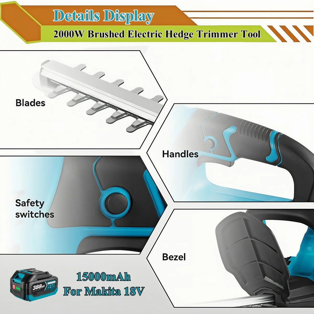 Brushed 2000W Electric Hedge Trimmer 15000RPM Lawn Mower Garden Landscaping Hedge Pruner Trimmer Tool For Makita 18V Battery Pin