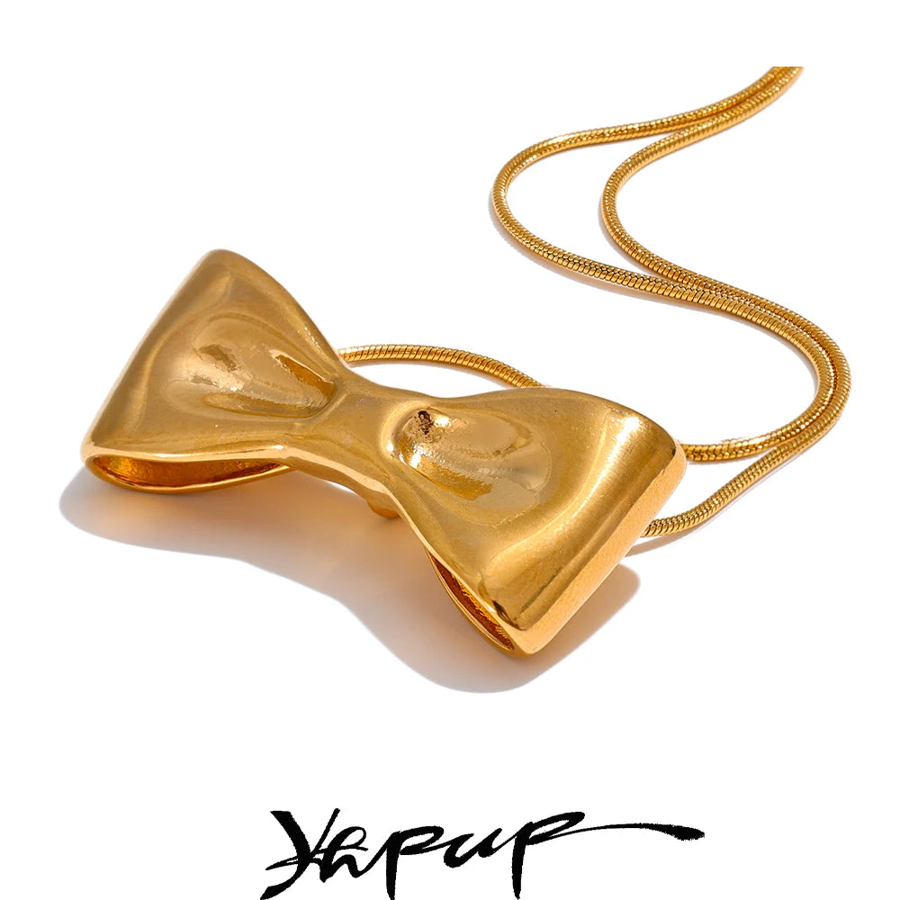 Yhpup Adjustable Long Chain Stainless Steel Metal Bow Knot Golden Trendy Pendant Choker Necklace Texture Fashion  Jewelry