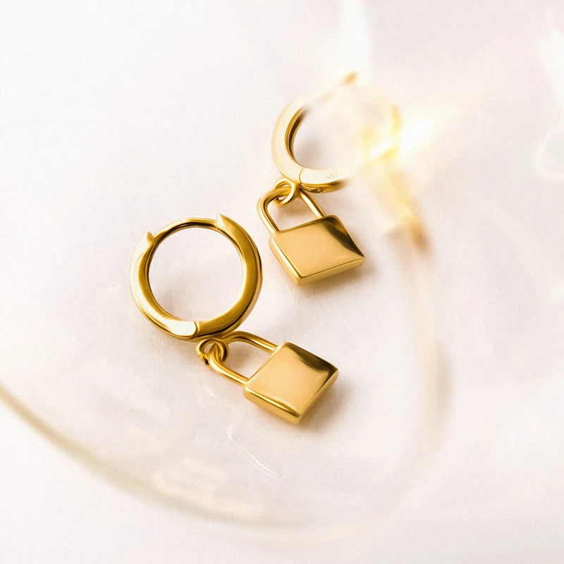 925 Sterling Silver Ear Needle key Pendant Hoop Earrings Gold Earrings For women Lock Pierced Earrings Fashion Party Jewelry