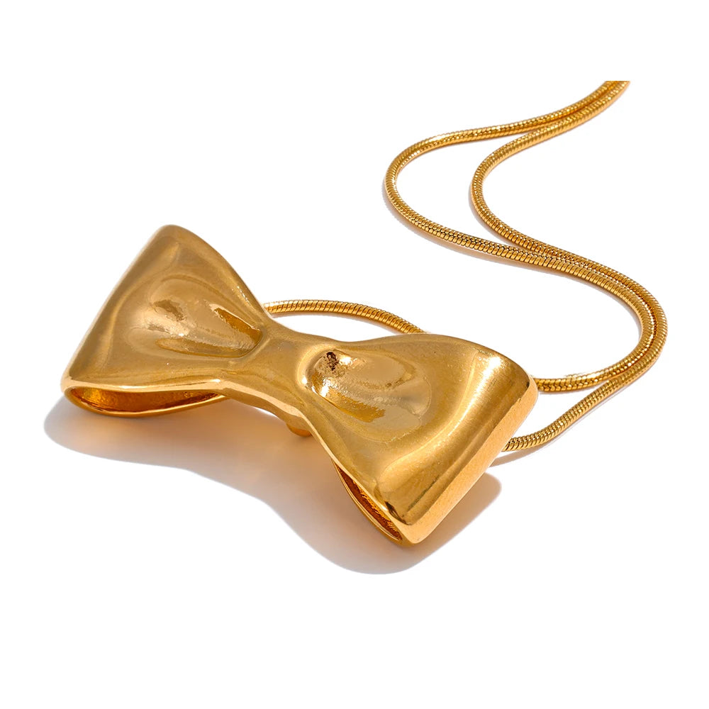 Yhpup Adjustable Long Chain Stainless Steel Metal Bow Knot Golden Trendy Pendant Choker Necklace Texture Fashion  Jewelry