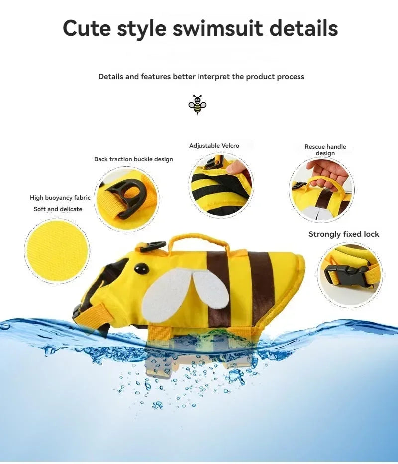 Summer Pet Dog Life Jacket Vest Clothes Life Vest Collar Harness Pet Dog Swimming Summer Swimwear Clothes Little Bee Pet Clothes