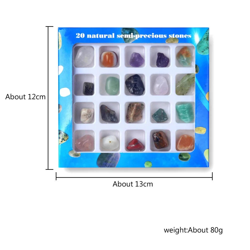 20-piece square box of natural semi-precious stones for chakra healing and DIY jewelry decor.