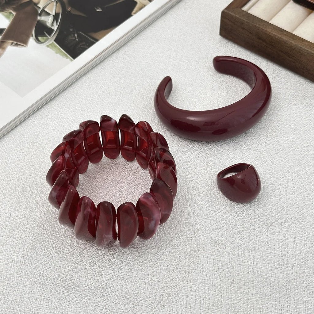 Boho Red Acrylic Resin Chunky Bangle Ring Set for Women on Hand Goth Geometric Charm Wide Hip Hop Metal Cuff Bangles Men Jewelry