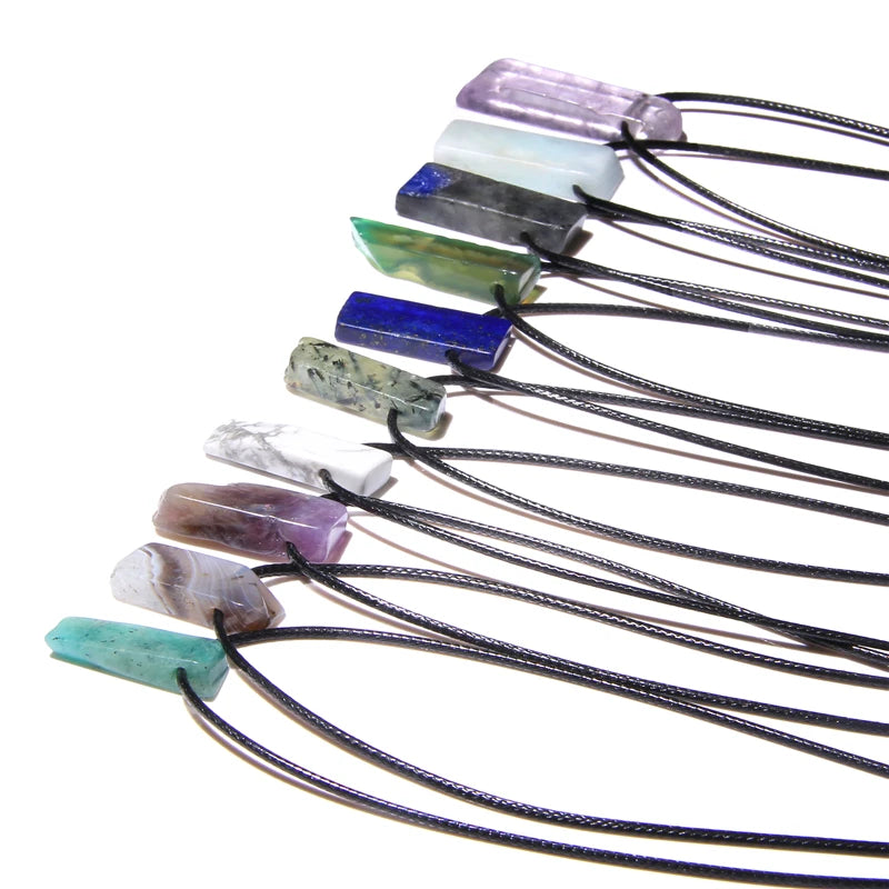 Men Vintage Rectangle Obsidian Pendent Necklace Natural Tiger Eye Labradorite Gem Leather Rope Braid Necklace Healing Jewelry