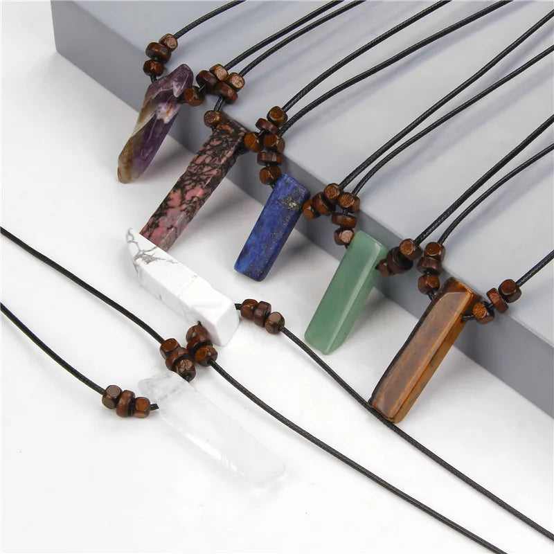 Men Vintage Rectangle Obsidian Pendent Necklace Natural Tiger Eye Labradorite Gem Leather Rope Braid Necklace Healing Jewelry