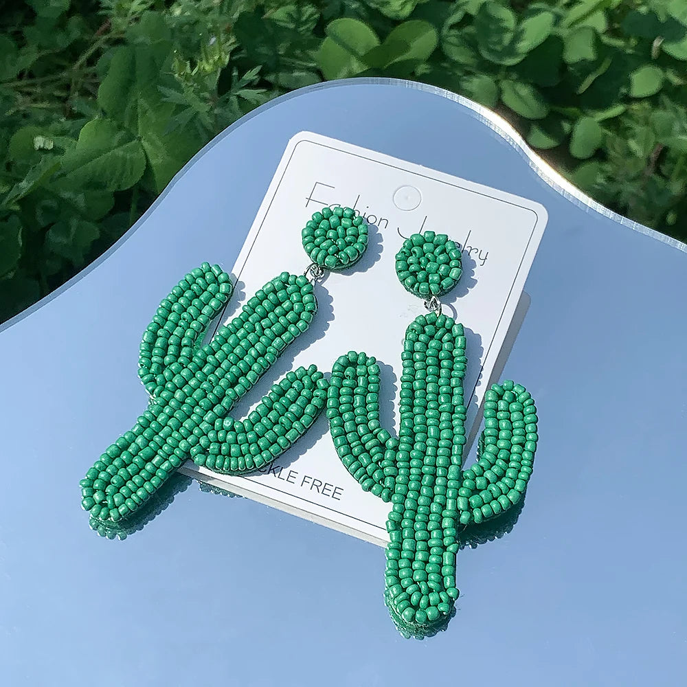 Cactus Beaded Earrings for Women Boho Colorful Beaded Earrings Statement Big Drop Dangle Earrings Summer Beachy Tropical Holiday