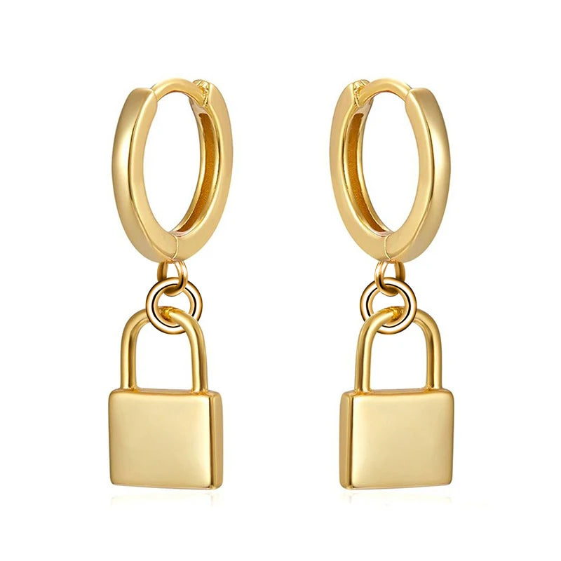 925 Sterling Silver Ear Needle key Pendant Hoop Earrings Gold Earrings For women Lock Pierced Earrings Fashion Party Jewelry