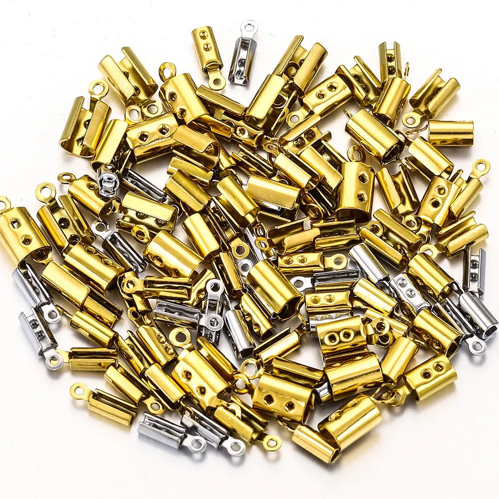 50pcs Stainless Crimp End Beads Caps Leather Cord Clip Tip Fold Crimp Bead Bracelet Connectors for Jewelry Making Bulk Wholesale