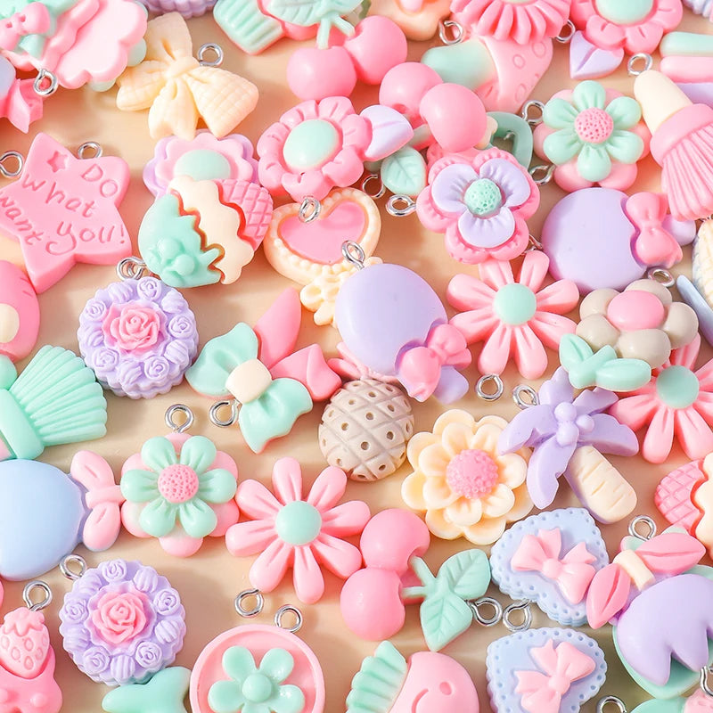15pcs New Mix Kawaii Summer Vacation Pink Flower Heart Butterfly Ice Cream Star Resin Earrings Charms Diy Jewelry Making Pendant