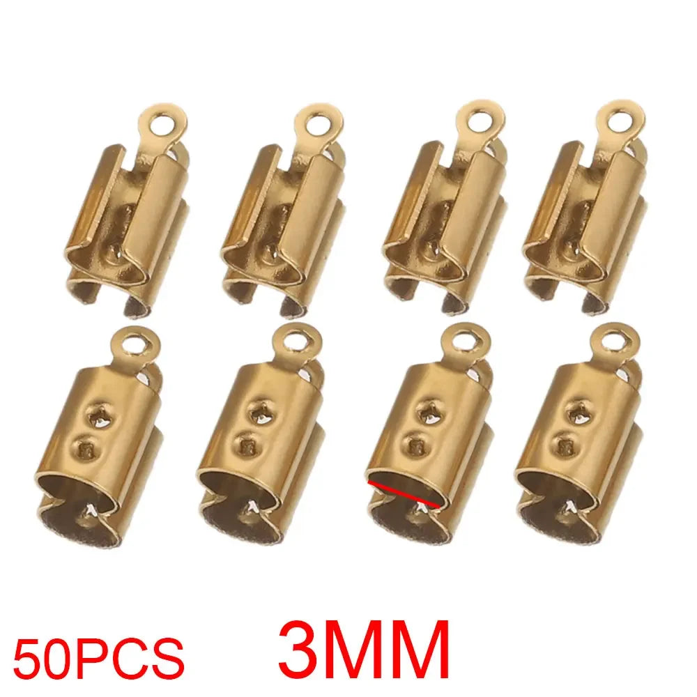 50pcs Stainless Crimp End Beads Caps Leather Cord Clip Tip Fold Crimp Bead Bracelet Connectors for Jewelry Making Bulk Wholesale