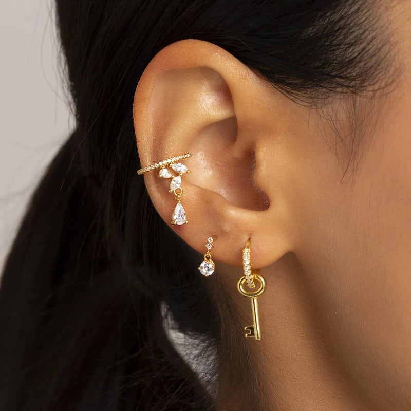 925 Sterling Silver Ear Needle key Pendant Hoop Earrings Gold Earrings For women Lock Pierced Earrings Fashion Party Jewelry
