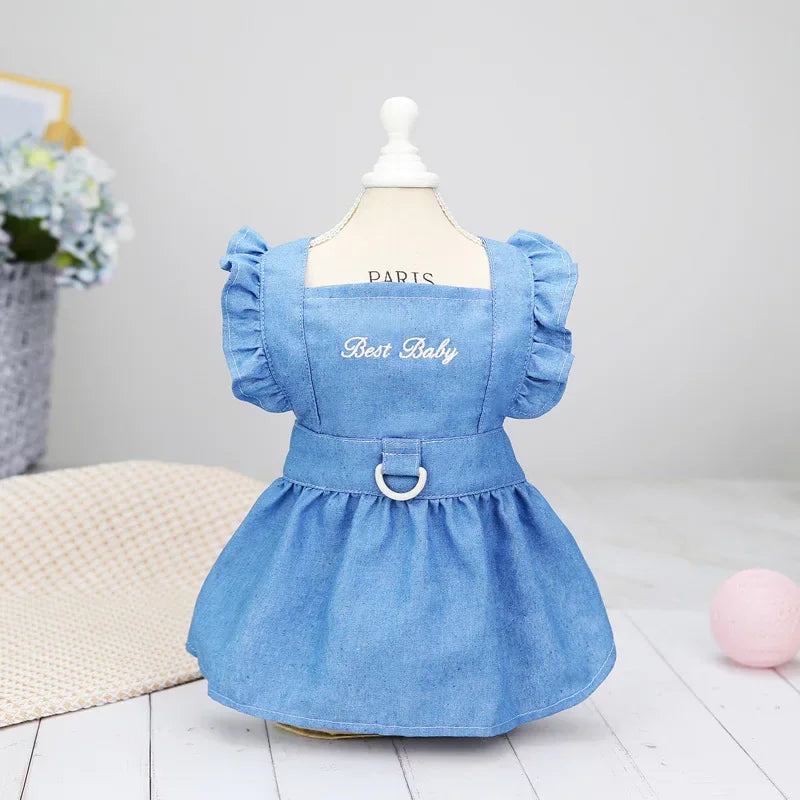 Spring Summer Dog Dress for Small Kitten Dogs Clothes Puppy Letters Embroidered Jean Strap Dresses Chihuahua Skirts Pet Costumes